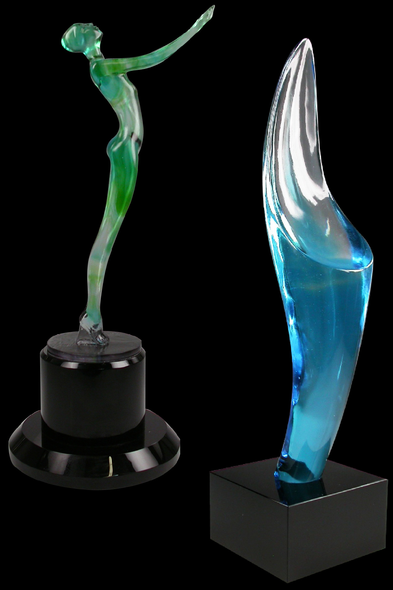 Custom Crystal Awards made using P&acirc;te de Verre with green and blue coloring